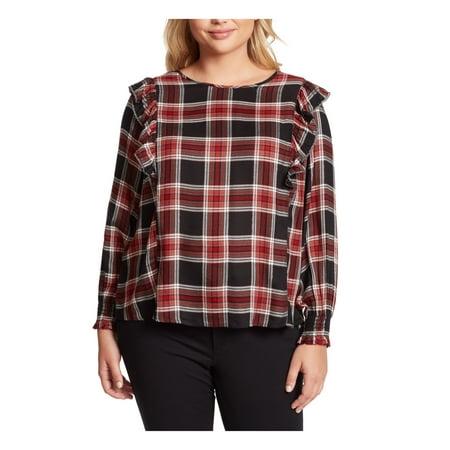 JESSICA SIMPSON Womens Red Ruffled Metallic Edging Smocked Cuffs Plaid Long Sleeve Crew Neck Top Plus 2X