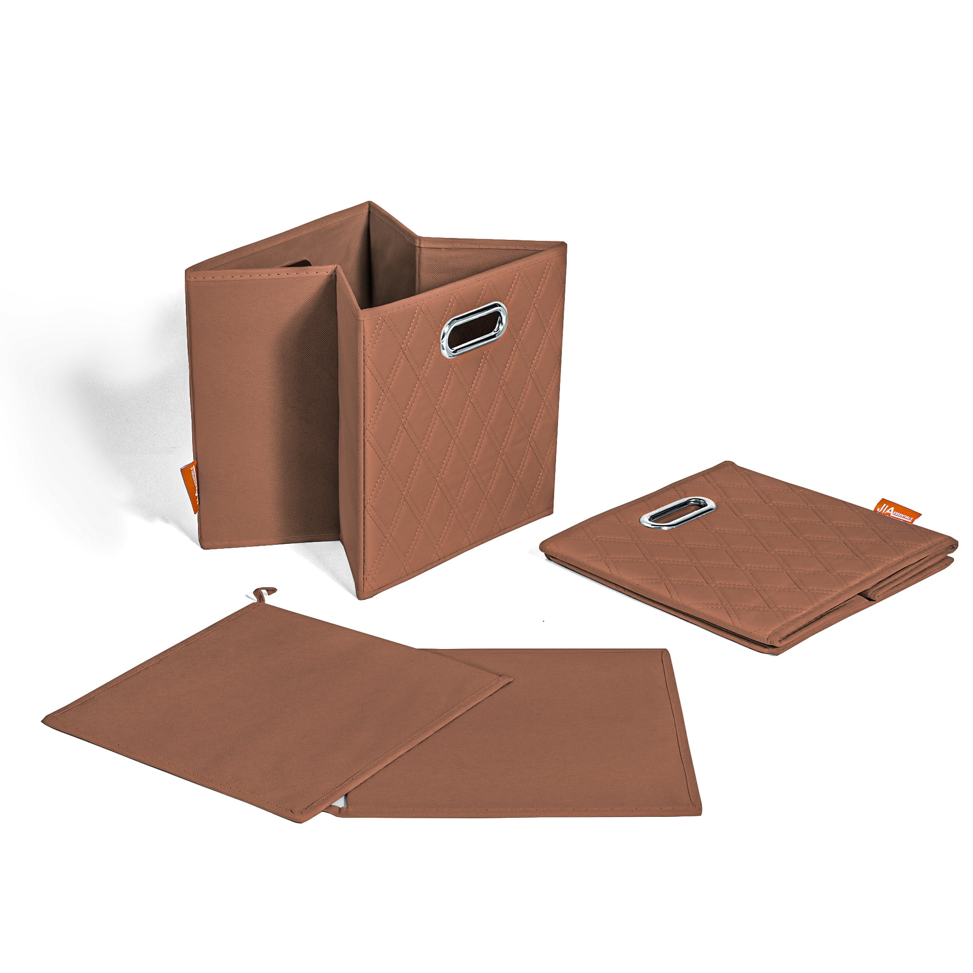 JIAessentials Set of 4 Foldable Faux Leather Cube Storage Bins Collapsible Baskets 11 inch with Dual Handles - Brown Small