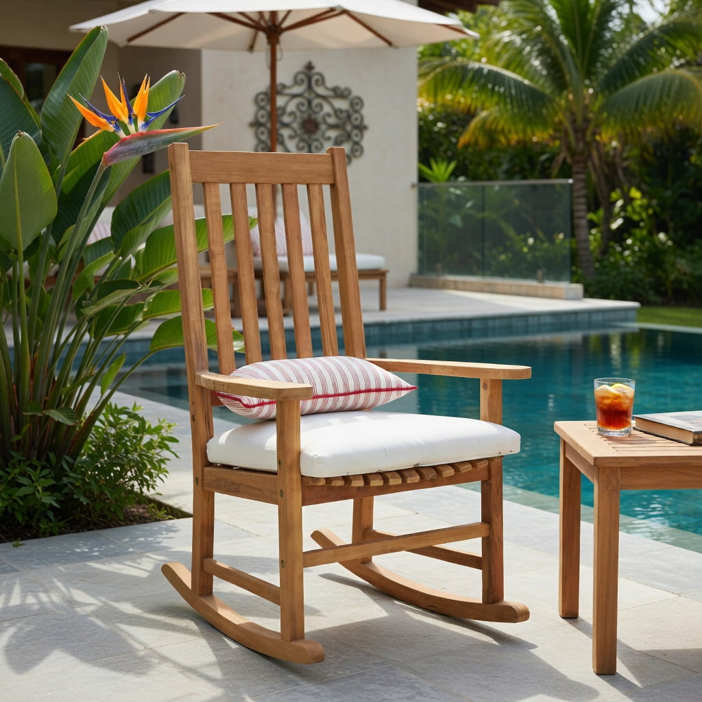 Hommoo Acacia Wood High-Back Rocking Chair for Indoor & Outdoor Use, Patio, Balcony & Backyard Comfort Chair, Natural