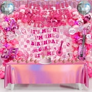 99 PCS Birthday PriNst Decorations for Girls, Music Theme It’s Me Hi I’m The Birthday Girl Its Me Banner, Pink Iridescent Tablecloth, Guitar & Disco Balloon Arch, Backdrop, Glitter Cake Topper