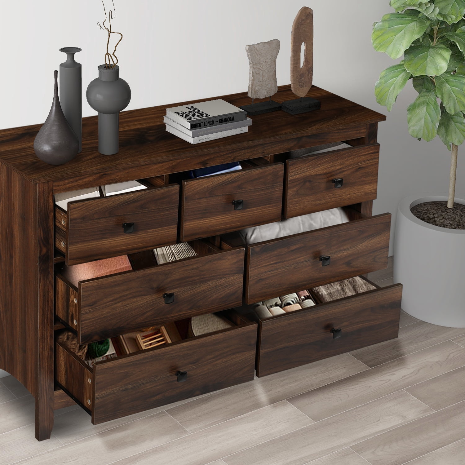 LAZZO 7-Drawer Dresser, Farmhouse Wooden Chest of Drawers for Bedroom Living Room and Hallway, Brown