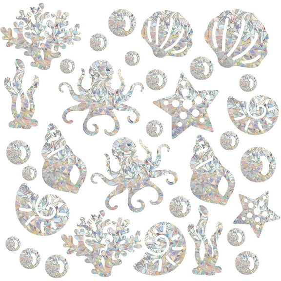 30PCS Sea Animal Window Decals Static Glass Sliding Door Sticker Beach Coral Octopus Shell Starfish Conch Clings Non Adhesive Vinyl Film Home Decals for Windows Prevent Stop Birds Strikes DIY