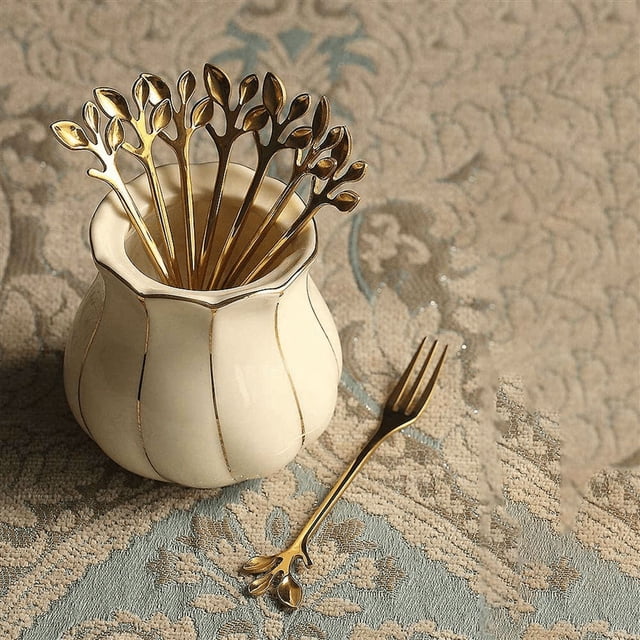 20Spoon+20Forks Stainless Steel Leaf Coffee Cake Spoon Fork Dessert Spoons, Stirring Teaspoon Set Golden