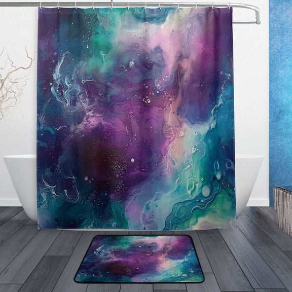 Bath Curtain & Non-Slip Bath Mat Set 12-Grommet Shower Curtain Memory Foam Bath Rug Encaustic Painting Of An Abstract Nebula