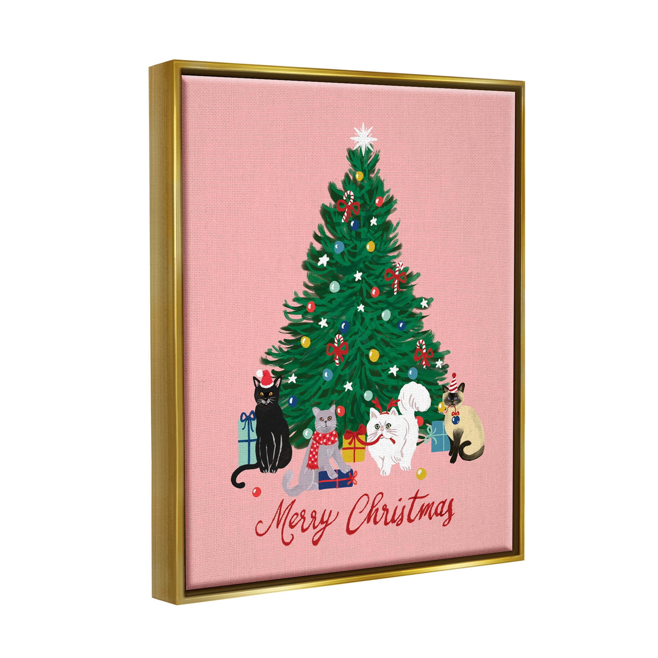 Merry Christmas Holiday Cats Holiday Graphic Art Metallic Gold Framed Art Print Wall Art