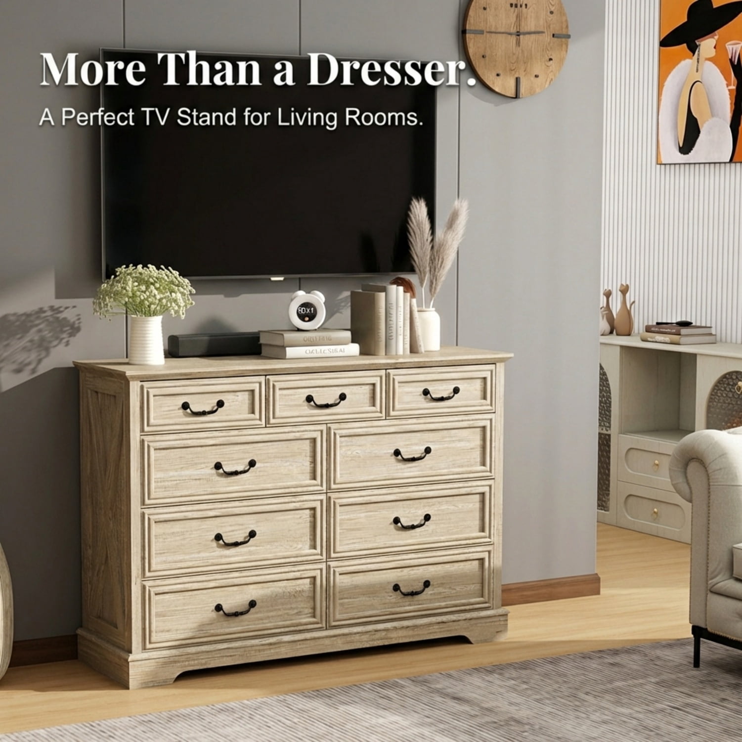 Farmhouse 9-Drawer Dresser, Rustic Wood Chest of Drawers with Large Storage, Natural Oak