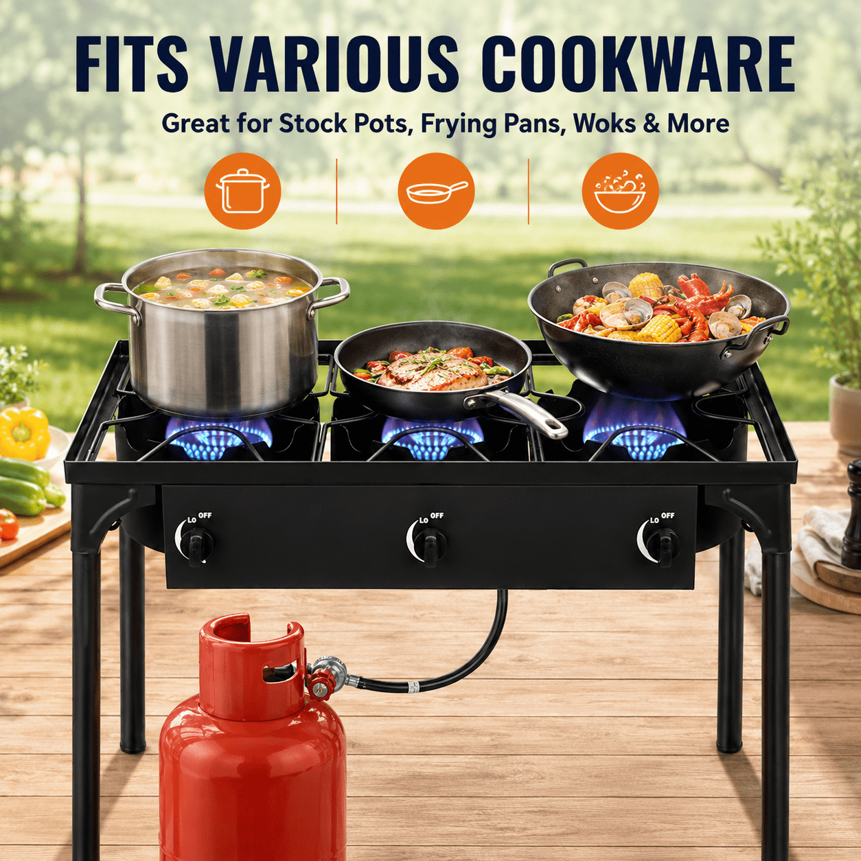 Alvantor 3 Burner Outdoor Gas Stove With Removable Legs, Adjustable 0-20 Psi Regulator, 225000 Btu