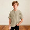 thumbnail image 5 of OGLCCG Boys Waffle Henley Shirts Short Sleeve Button up Crewneck T-Shirts Summer Solid Color Knit Basic Tees Tops for Kids 4-14 Years, 5 of 7