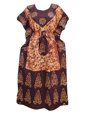 Mogul Women Caftan Maroon Batik Print Beach Cotton Cover up Kimono Dress