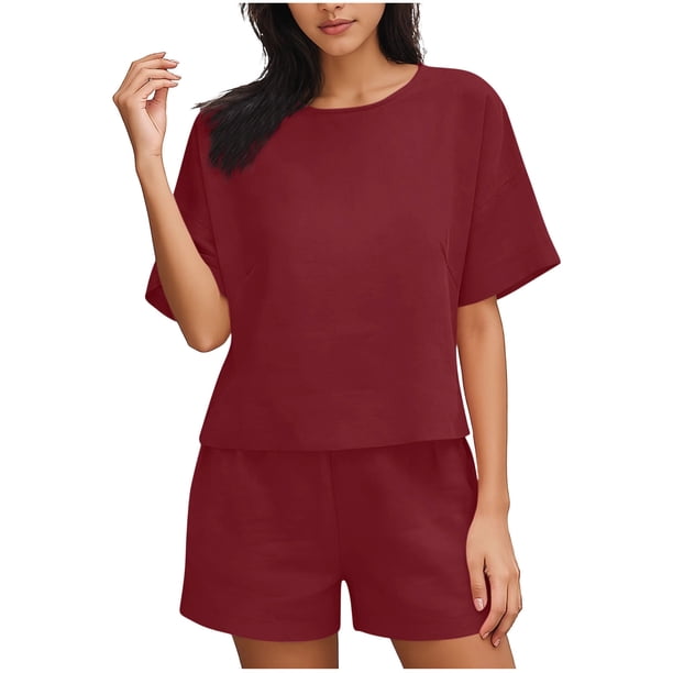 Conjunto Corto Casual para las Mujeres Manga Corta Bolsillo Pantalones Cortos Pantalones de Señoras Conjunto con Cuello Redondo Top, Ropa Casual de Verano