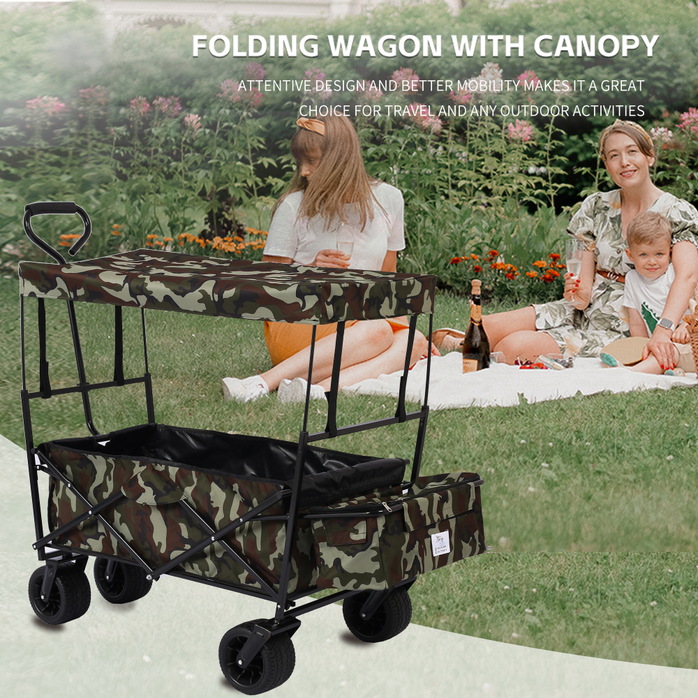 HQIT Collapsible Canopy Wagon, Heavy Duty Utility Outdoor Garden Cart with Adjustable Handles