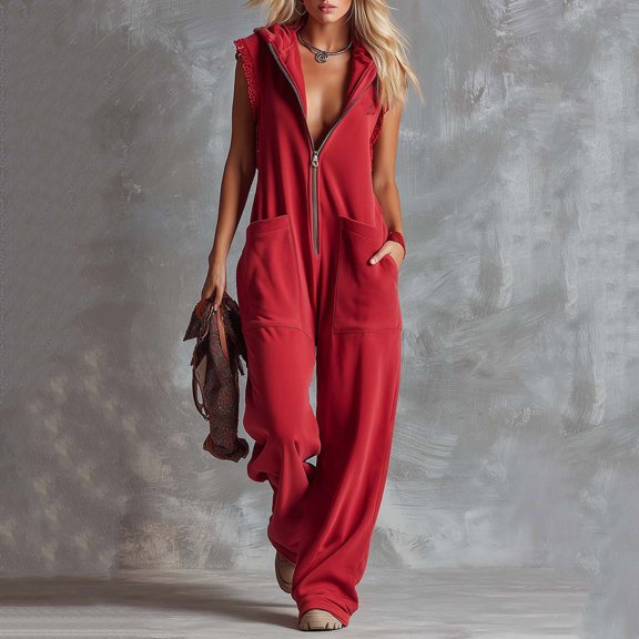 Cutuoiiu Women's Casual Solid Color Sleeveless Wide Leg Jumpsuit, Hooded Zip Up Design with Front Pockets for Daily Wear and Summer Vacation