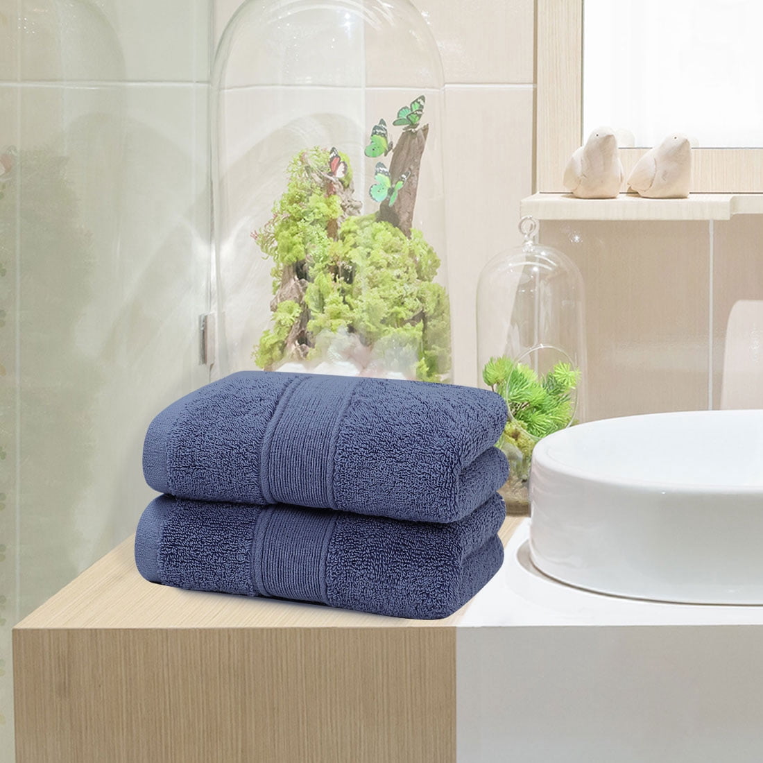 Unique Bargains 2-Pack 100% Cotton Soft Drying Hand Face Towels Navy Blue