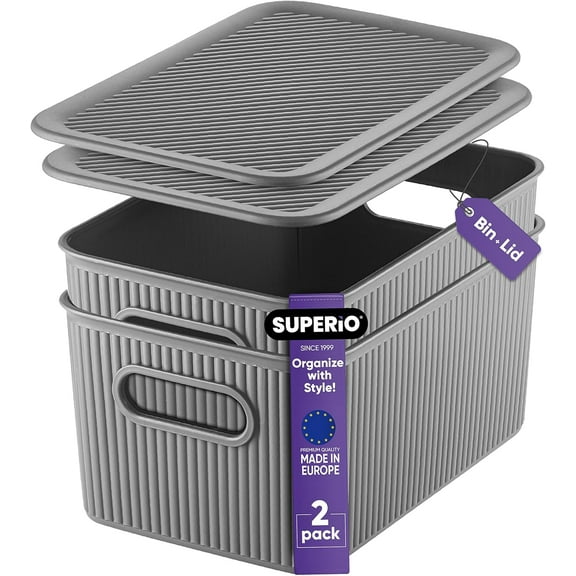 Superio 5L Small Grey Ribbed Storage Bin with Lid, Plastic (2 Pack)
