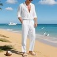 thumbnail image 2 of RYDCOT Men’s Linen Set 2 Pieces Long Sleeve Button Shirts Casual Loose Pants Summer Beach Outfits White, 2 of 9