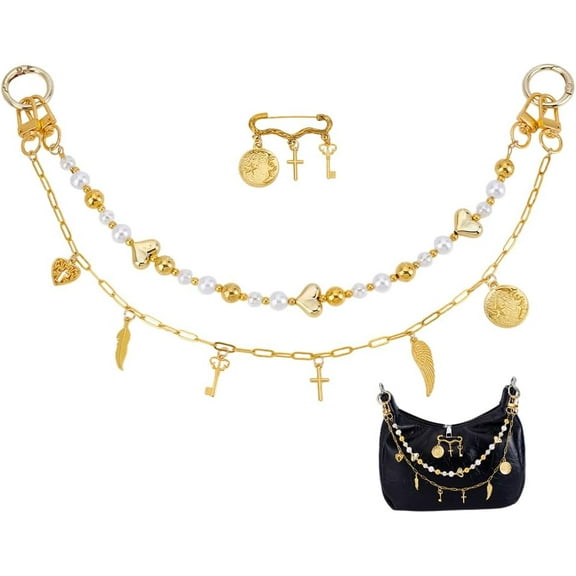 3 in 1 Golden Bag Charms Acrylic Round Beaded Chain Brass Heart Pendant Bag Chain Metal Brooch Replacement Purse Charm Chains for DIY handcrafting