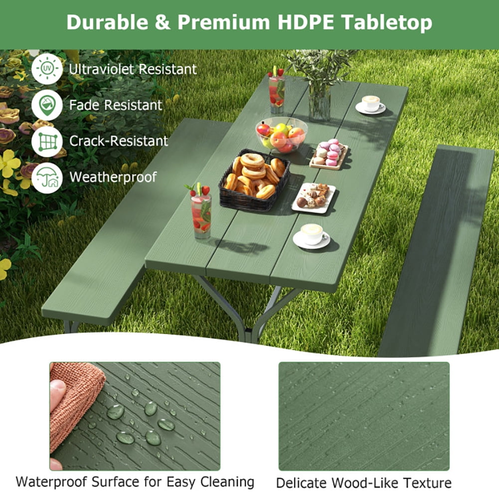 Aimee Lii 6 FT Picnic Table Bench Set Dining Table and 2 Benches with Metal Frame and HDPE Tabletop, Outdoor Patio Furniture, Green