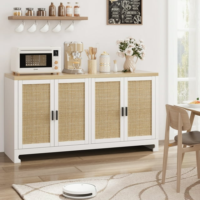 Armoire de Rangement en Rotin avec 4 Portes - Buffet Moderne avec Tablette pour Salle à Manger et Salon