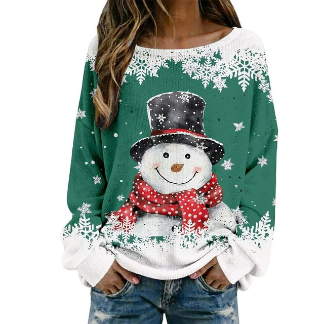 Mode Automne pour Femmes, Hauts Graphiques en Crochet avec Pulls Décontractés Imprimés de Noël