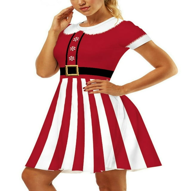 Robe de Noël pour Femmes à Manches Courtes Robe de Dessin Animé pour les Vêtements de Fête de Vacances