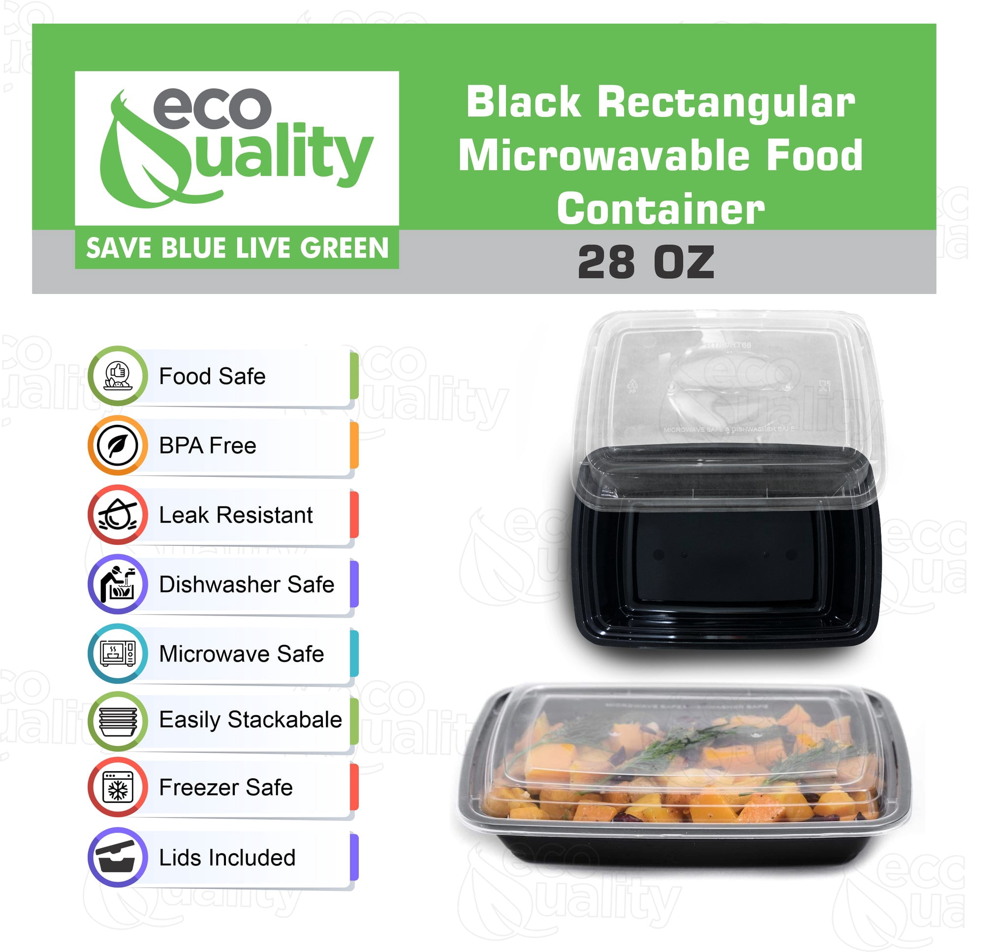[100 PACK] Reusable 28 oz Food Storage Containers with Lids by EcoQuality Rectangular BPA Free Freezer, Microwave & Dishwasher Safe Airtight & Watertight Stackable, Lunch Meal Prep, To-Go, Bento Box