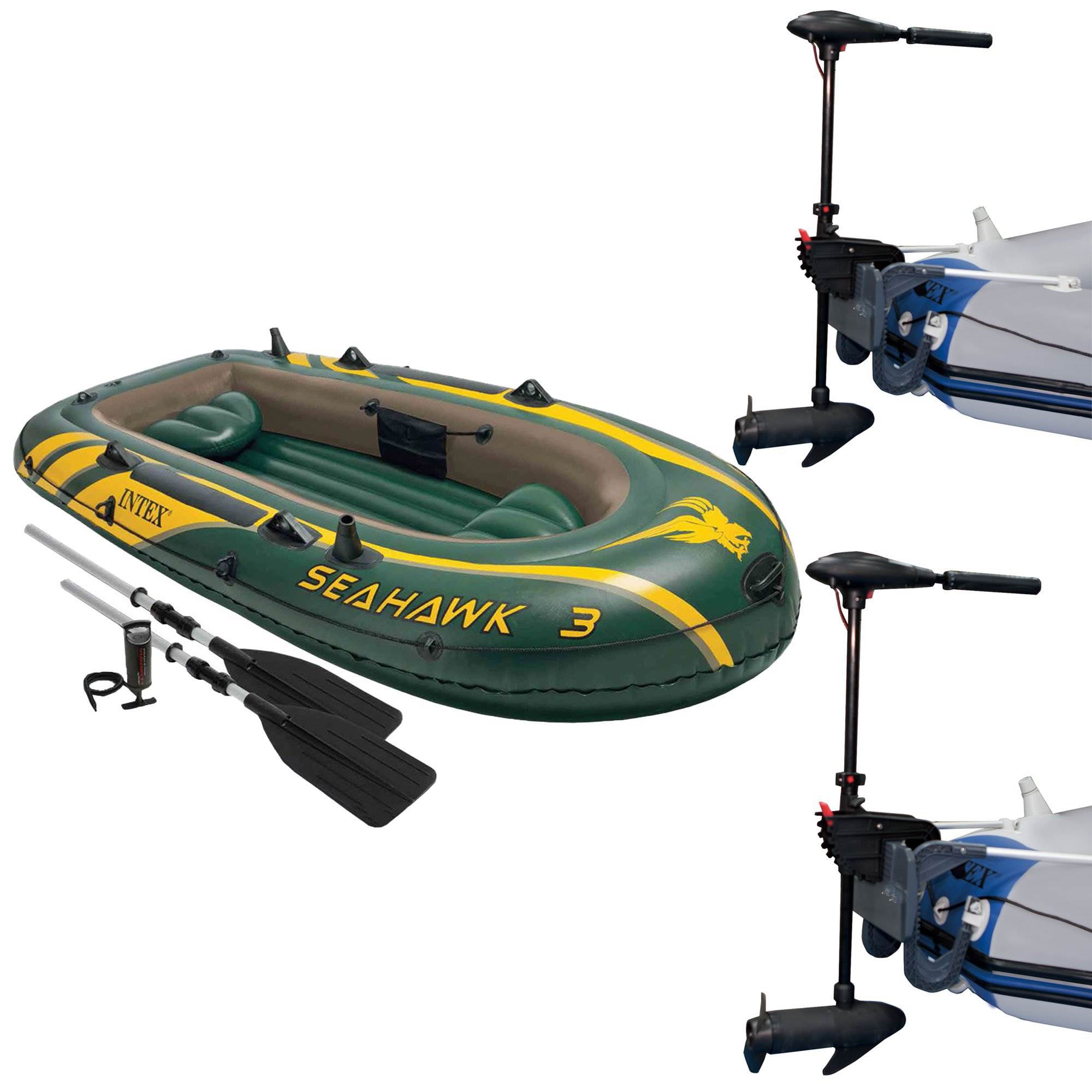 Intex Excursion 5 Inflatable Boat Set & 2 Transom Mount 8 Speed Trolling Motors 
