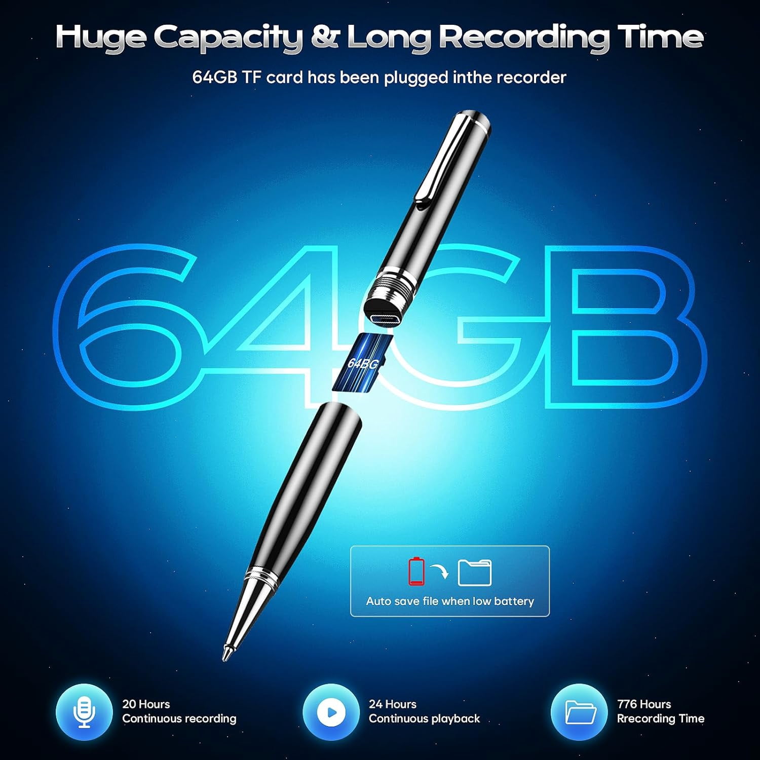64GB Digital Voice Recorder, Audio Recorder Pen with 25H Battery Life, Playback & Voice Activation Recording Device, Voice Activated Recorder with AI Noise Reduction for Lectures/Meetings/Interviews