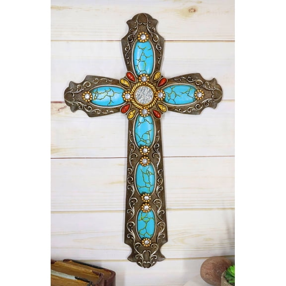 18"H Rustic Western Scroll Lace Wall Cross With Crystals & Turquoise Gemstones