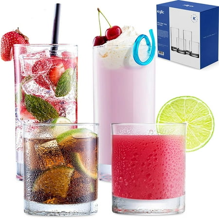 Wine And Water Glasses Plastic Tumbler Cups Drinking Glasses -Acrylic Highball Tumblers Set of 4 (2x16oz & 2x14oz) Clear Reusable Kitchen Drinkware Dishwasher Safe Bpa Free Hard Rocks Glass Drink Wine Water Juice Cup Sets ()