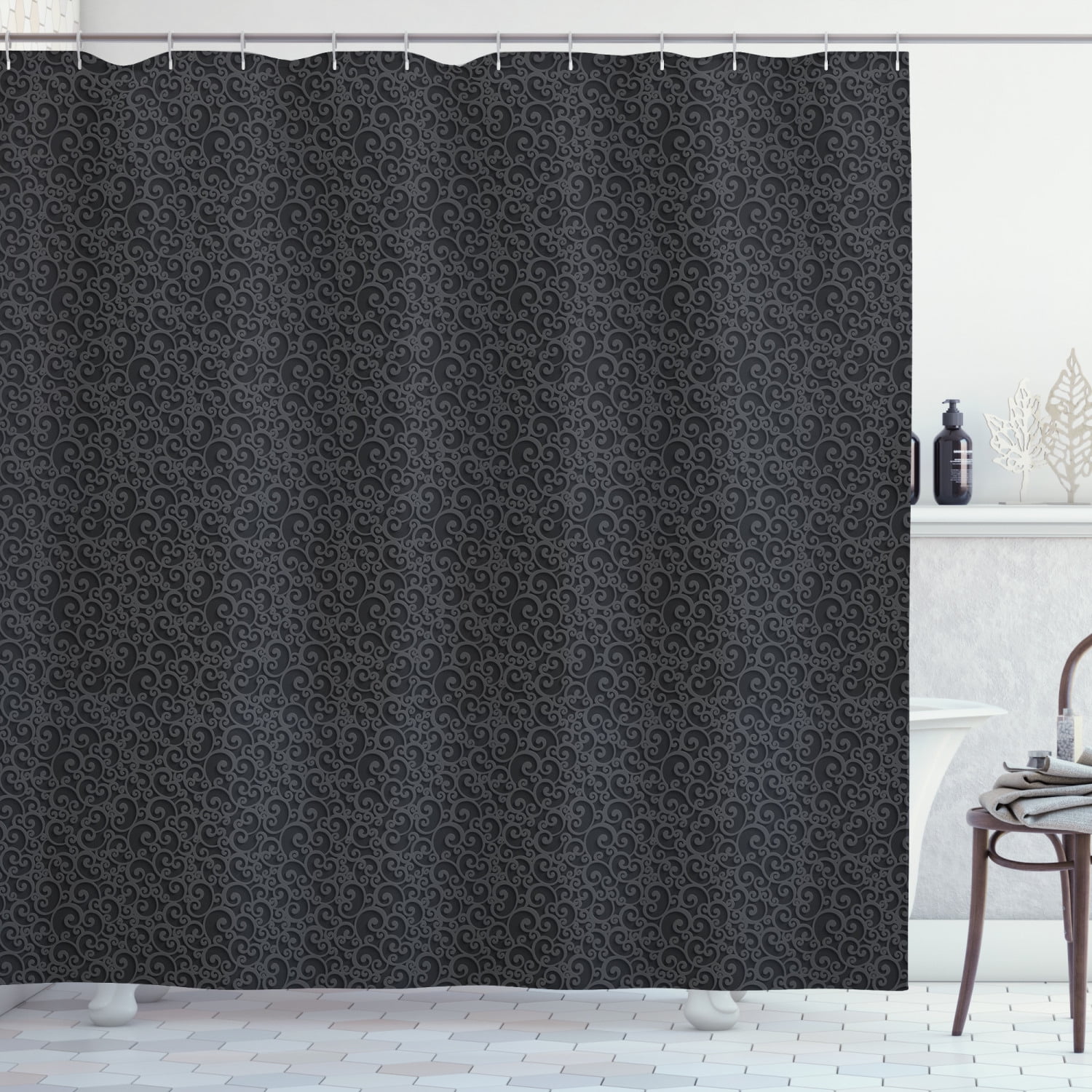 Dark Grey Shower Curtain, Abstract Victorian 3D Style Swirls Vintage