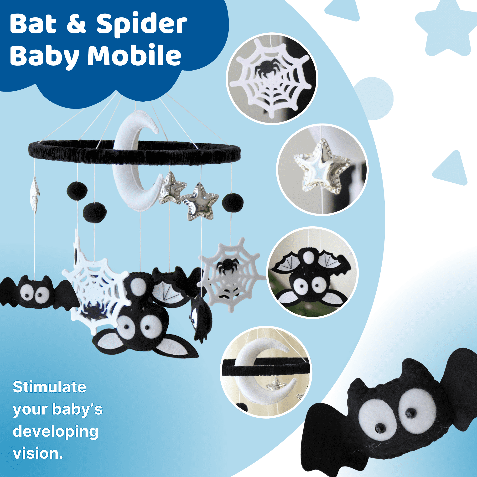 TINITIGIES Bat & Spider Baby Mobile with Music Box – Handmade Felt Crib Mobile, 12 Piano Lullabies, Visual & Cognitive Development Toy for Newborns