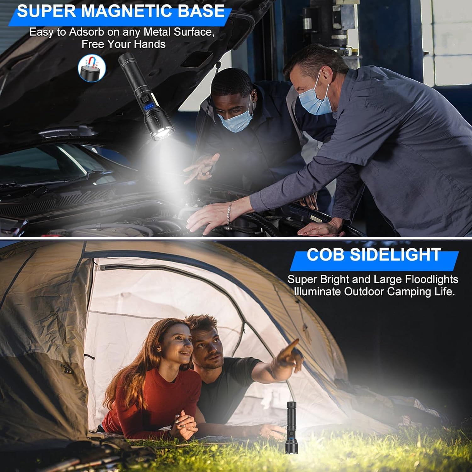 2-Pack Rechargeable LED Flashlights - High Lumens, 8 Modes, Waterproof, with COB Work Light - Great for Camping (Black, Paper Box Packaging)