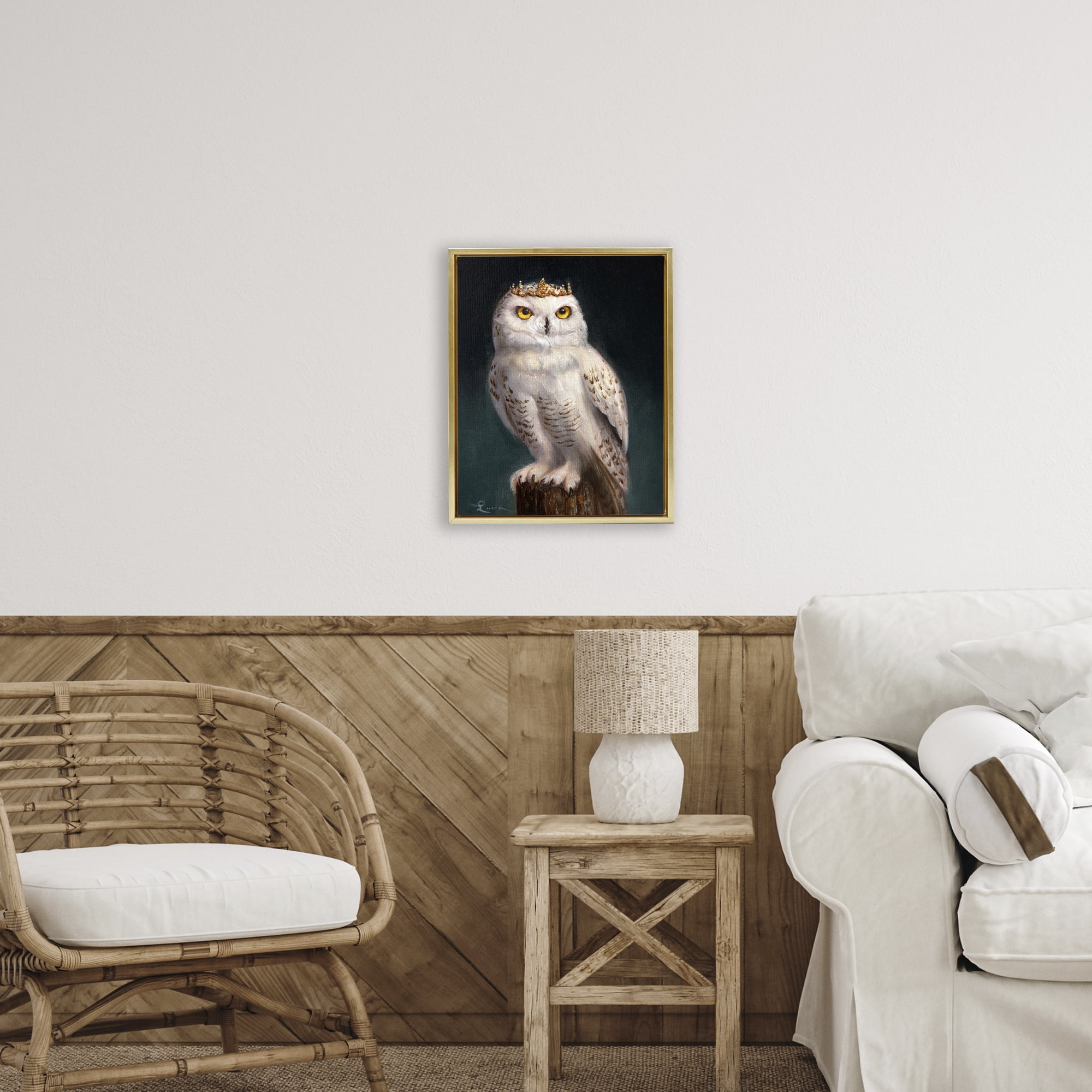 Snowy Owl King Gold Framed Floater Canvas Wall Art, design by Lucia Heffernan