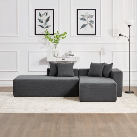 L-Shaped Sectional Sofa with Acacia Wood Frame Deep Seat Dark Grey Corduroy - 101 Inch 3 Seat