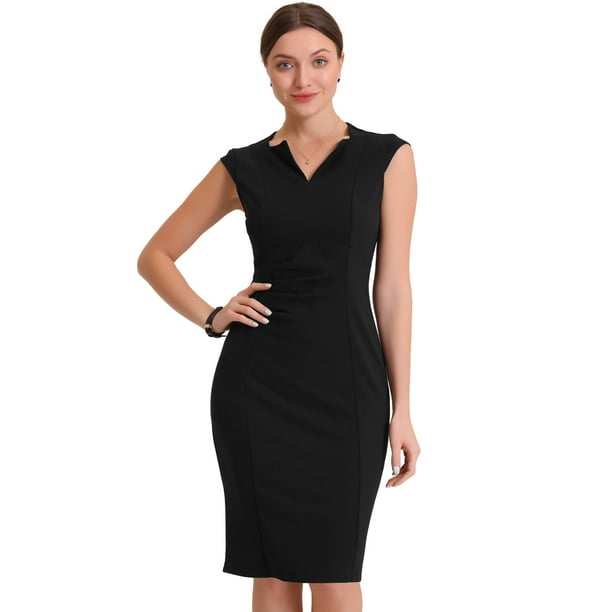 Unique Bargains Women s Pleated Cap Sleeve V Neck Shift Office Work Dress Large Black Black