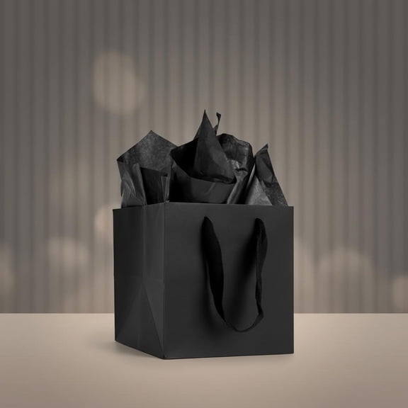Black Gift Bags with Tissue Paper, 2 Pack Square Reusable Goodie Bag for Christmas Gifts, Halloween Treats, Wedding, Birthday Party Favor, Return Gifts