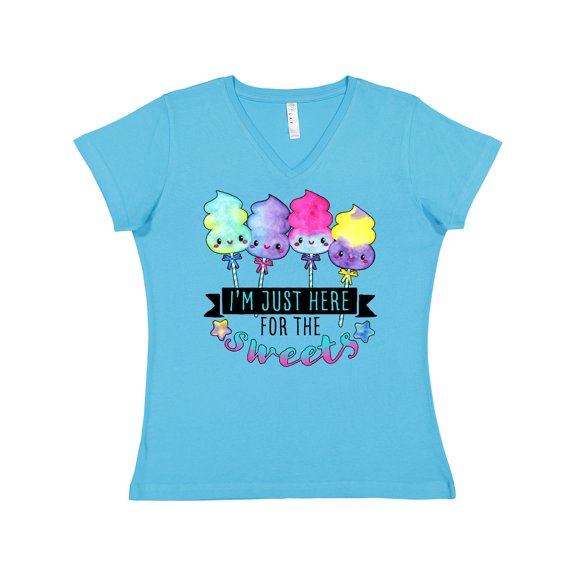 Inktastic I'm Just Here for the Sweets with Spun Sugar Candy Women's V-Neck T-Shirt
