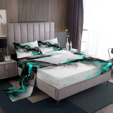 Black and Grey Teal King Sheets Marble Aesthetic Bed Set, Modern Marbling Bed Sheets Set Watercolor Foil Print Sheet Set, Stone Pattern Bedding Set