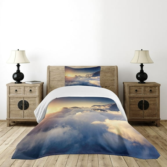 Ambesonne Mountain Quilted Bedspread Set 2 Pcs, Climbing Above Clouds, Twin Size, Beige Navy