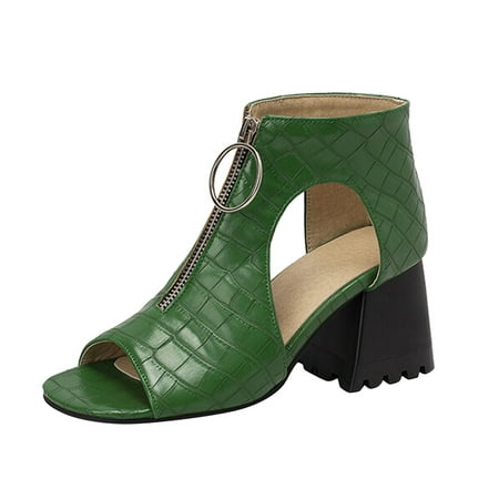 

Gzea Womens Sandals Dressy Ladies Fashion Solid Color Leather Hollow Open Toe Thick High Heeled Front Zipper Roman Sandals Summer Sandals Green 42