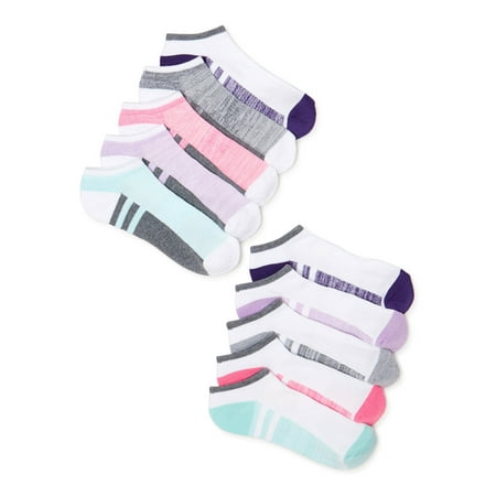 Athletic Works Girls Flat knit No Show Socks, 10-Pack, Sizes S (6-10.5) - L (4-10)