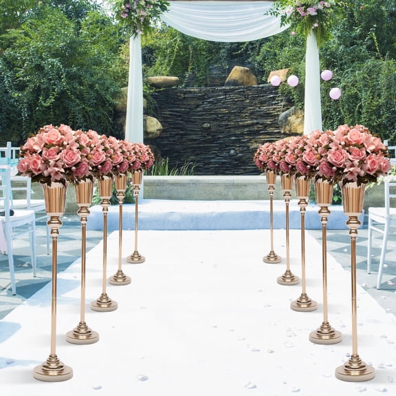 Loyalheartdy 10Pcs 30.5" Tall Versatile Metal Wedding Centerpieces Vase, Gold Trumpet Vase Flower Stand Road Leading Home Decor