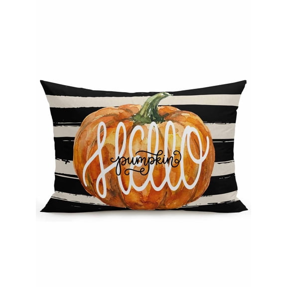 1 Pack Outdoor Throw Pillow, Fall Orange Pumpkins Waterproof Pillow with Insert Included, Thanksgiving Autumn White Black Stripes Decorative Accent Cushion Lumbar Pillows for Patio Porch, 12 x 20 In