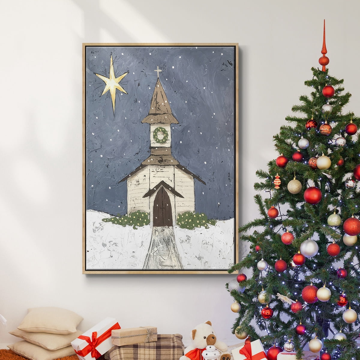 A Silent Night III - Framed Gallery Wrapped Holiday Canvas - 27 x 41 - Natural Wood Frame