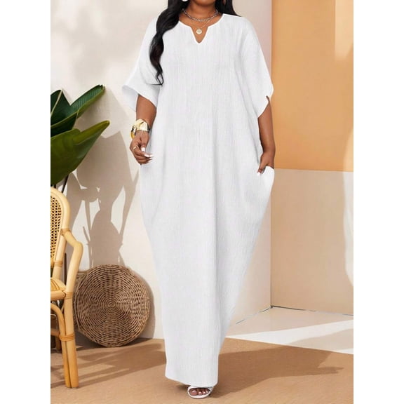 White Textured V-Neck Loose Short Sleeve Maxi Dress With Pockets