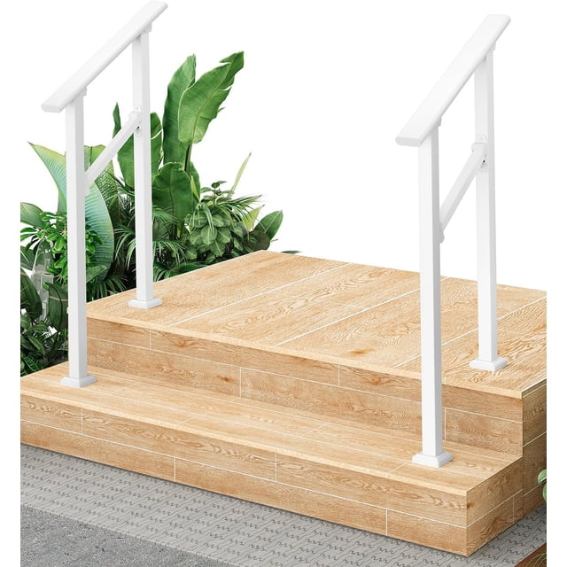 YUSAZENS 2 Pack 2 Step Outdoor Stair Railing, Aluminum Alloy Handrail with Iron Column Crossbar, White Finish, Full Installation Hardware Set