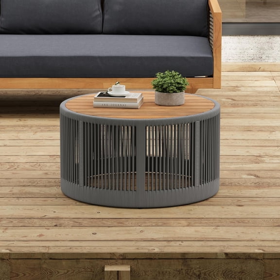 Outdoor Rattan Coffee Table with Solid Acacia Wood Tabletop, Patio Round Coffee Table Side Table (Grey)