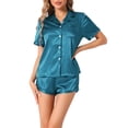 thumbnail image 1 of Conjunto de pijama de satén para mujer INSPIRE CHIC, camisa de botón de manga corta con pantalones cortos, 2 piezas, ropa de descanso, pijama, azul pavo real, 1 of 6
