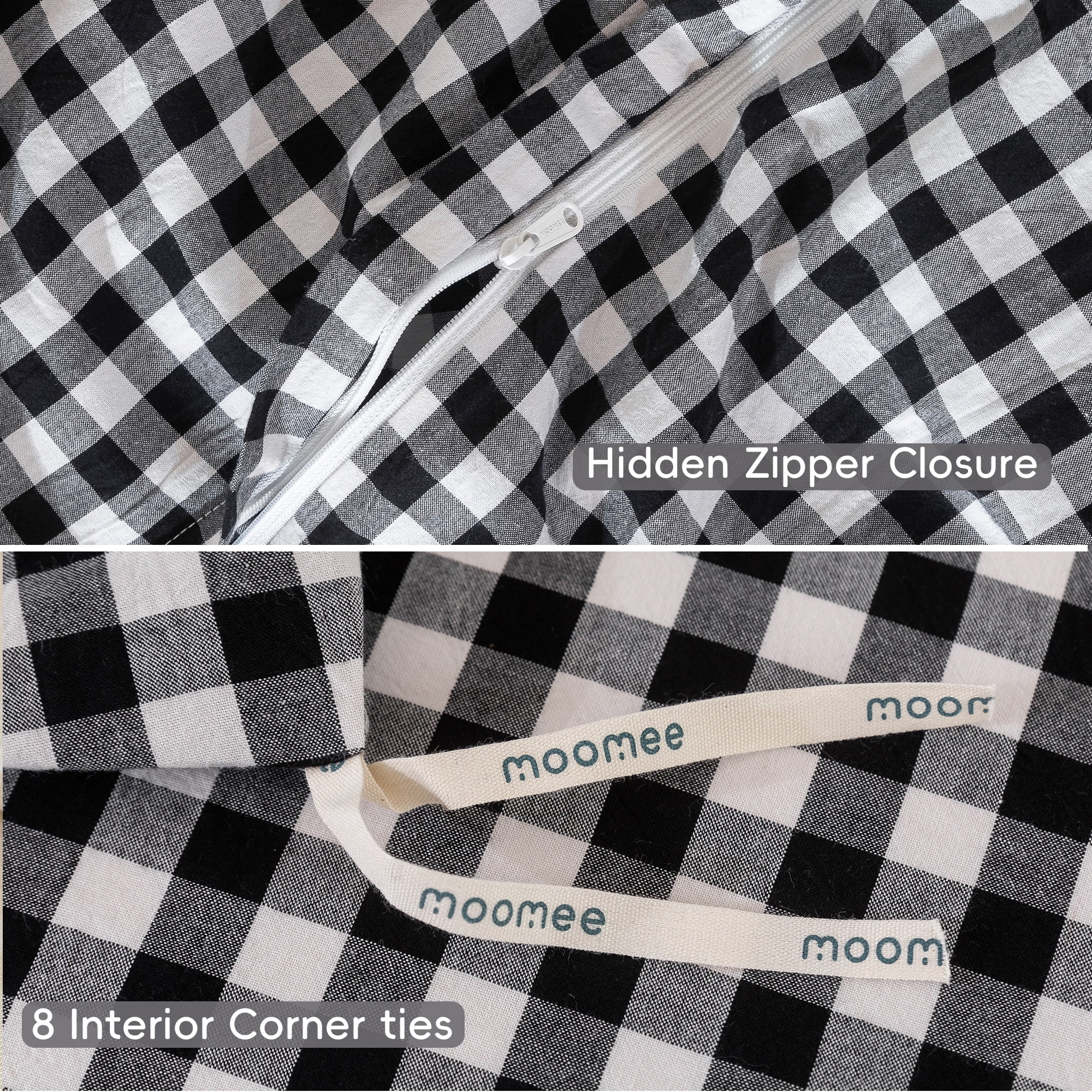 MooMee Gingham Duvet Cover Set King 100% Washed Cotton Linen Like Textured Breathable Lightweight 3-Piece (Black& White, 104"x90")