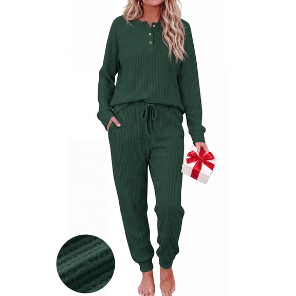 UVN Pajama Sets for Women Waffle Knit Lounge Sets Long Sleeve Henley Shirts and Long Pants Sleepwear 2 Piece Pjs Soft Comfy Loungewear with Pockets